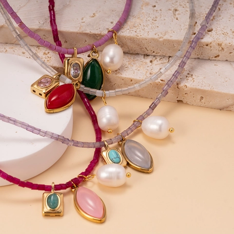 Bohemian Stainless Steel Freshwater Pearl Bead Necklace For Women Vintage Geometric Rhinestone Pendant Necklace Jewelry Gift
