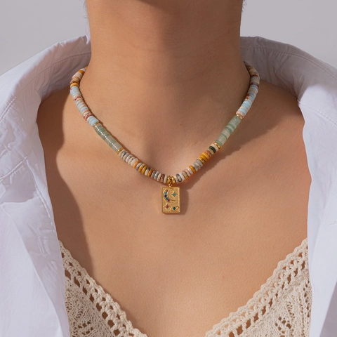 Bohemian Natural Stone Beaded Necklace Stainless Steel Gold Plated Star Moon Pendant Rhinestone Jewelry For Women
