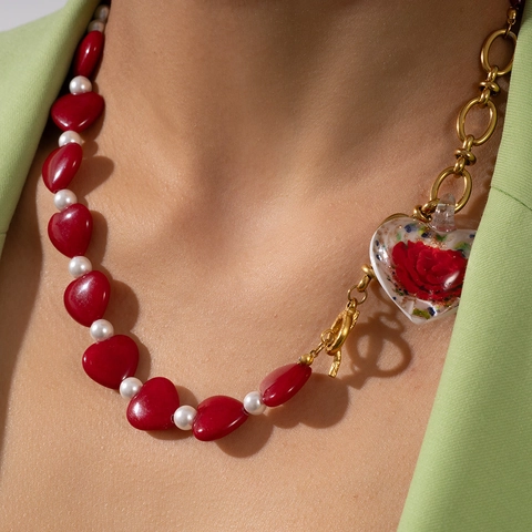 Collana Vintage in Acciaio Inossidabile con Grani a Cuore per Donna Pendente a Cuore in Vetro con Rosa e Perla Artificiale