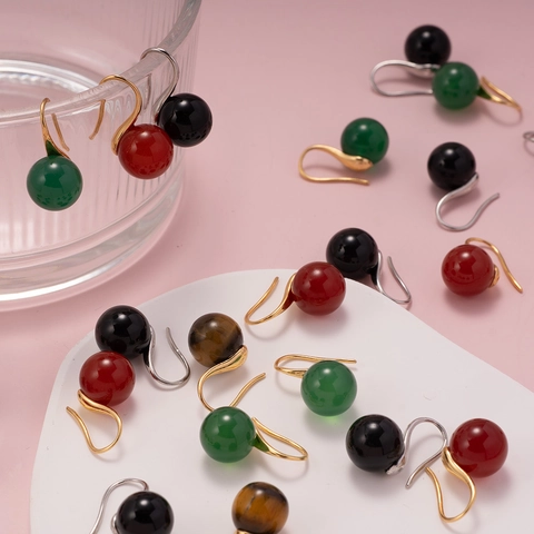 Eleganti Orecchini a Gancio in Rame in Stile Coreano Con Perline Rotonde in Pietra Naturale Dolci Orecchini Pendenti Geometrici da Donna