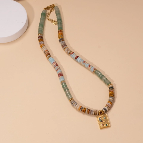 Bohemian Natural Stone Beaded Necklace Stainless Steel Gold Plated Star Moon Pendant Rhinestone Jewelry For Women