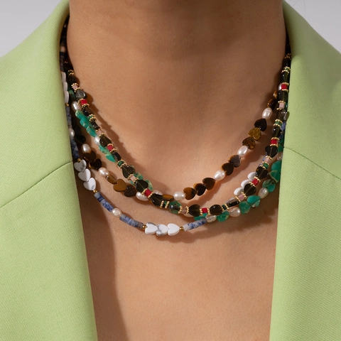 Collana di Perline a Cuore in Pietra Naturale Bohémien per Donna Acciaio al Titanio Occhio di Tigre Turchese Gioielli da Spiaggia