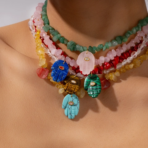 Böhmische Halskette Mit Natursteinperlen Und Hamsa-Hand-Anhänger Edelstahl Ethnische Halskette Für Damen Schmuck