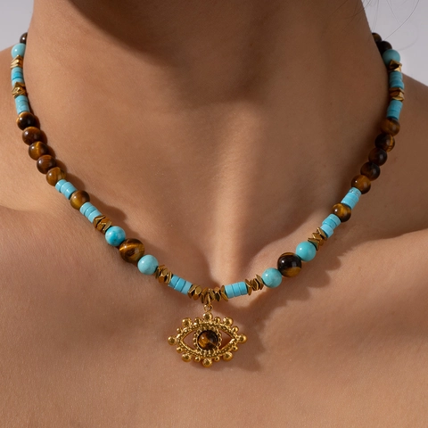 Collar de Cuentas de Acero Inoxidable Bohemio para Mujer Ojo de Tigre Natural Turquesa Artificial Colgante Ojo Turco Joyería Retro