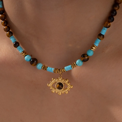 Collar de Cuentas de Acero Inoxidable Bohemio para Mujer Ojo de Tigre Natural Turquesa Artificial Colgante Ojo Turco Joyería Retro