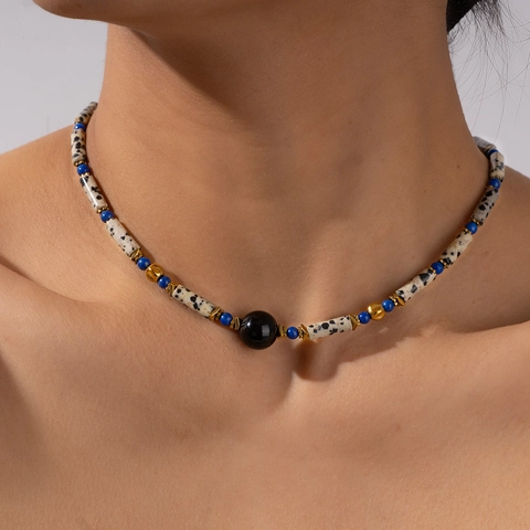 Minimalist Dalmatian Stone Black Agate Beaded Necklace For Women Elegant Natural Stone Titanium Steel Jewelry Festive Gift