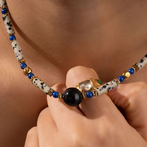 Minimalist Dalmatian Stone Black Agate Beaded Necklace For Women Elegant Natural Stone Titanium Steel Jewelry Festive Gift