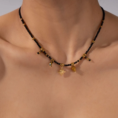 Bohemian Stainless Steel Black Beaded Hamsa Hand Star Moon Pendant Necklace For Women Ethnic Holiday Party Jewelry