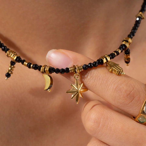 Bohemian Stainless Steel Black Beaded Hamsa Hand Star Moon Pendant Necklace For Women Ethnic Holiday Party Jewelry