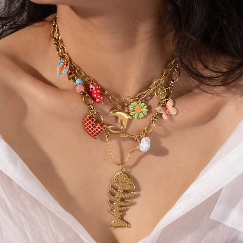 Collana con Ciondoli Marini in Acciaio Inossidabile per Donna Oro Lisca di Pesce Delfino Cuore Smalto Pendente Gioielli Vacanza