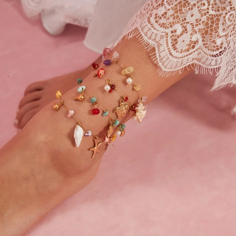 Cavigliera Bohemienne in Acciaio Inossidabile per Donna Pietra Naturale Conchiglia Stella Marina Tartaruga Perline Colorate Gioielli da Spiaggia