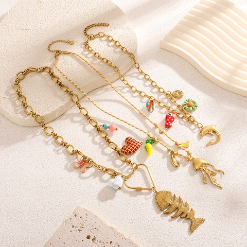 Collana con Ciondoli Marini in Acciaio Inossidabile per Donna Oro Lisca di Pesce Delfino Cuore Smalto Pendente Gioielli Vacanza