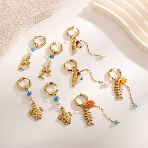 Stainless Steel Marine Dolphin Turtle Starfish Hoop Earrings Gold Plated Artificial Pearl Bead Dangle Earrings Women Jewelry