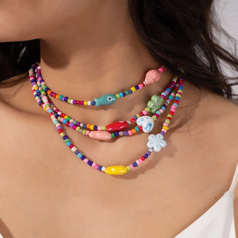 Colorful Glass Beaded Ocean Style Necklace For Women Bohemian Fish Flower Pendant Dopamine Summer Beach Jewelry Gift For Ladies