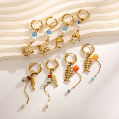 Stainless Steel Marine Dolphin Turtle Starfish Hoop Earrings Gold Plated Artificial Pearl Bead Dangle Earrings Women Jewelry