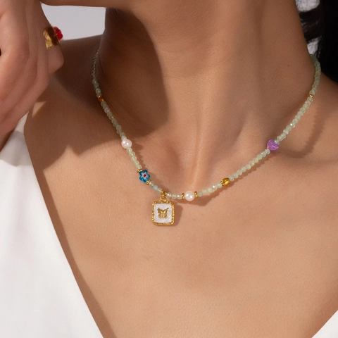 Collana di Perline Dopamina Colorata Estiva per Donna Ciondolo Farfalla in Acciaio Inossidabile Perla Artificiale Cuore Pietra Occhio di Gatto