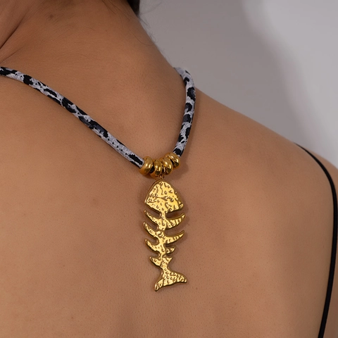 Ocean Style Pendant Necklace Stainless Steel Shark Starfish Fish Bone Leopard Print Cotton Rope Beach Jewelry For Women