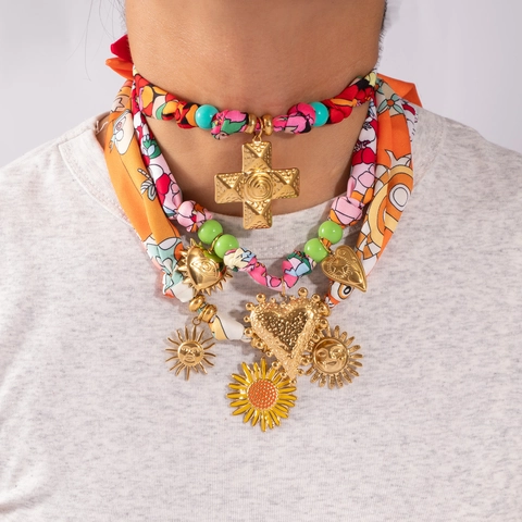 Bohemian Stainless Steel Scarf Necklace For Women Vintage Woven Pattern Multicolor Beads Heart Sun Pendant Ethnic Choker Jewelry