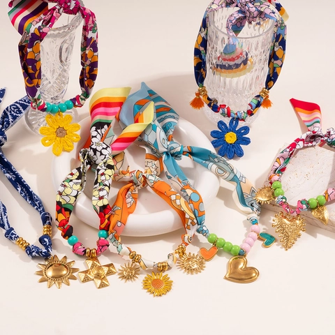 Bohemian Stainless Steel Scarf Necklace For Women Vintage Woven Pattern Multicolor Beads Heart Sun Pendant Ethnic Choker Jewelry