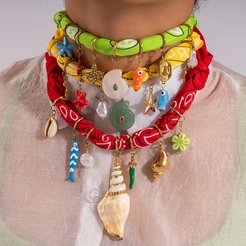 Bohemian Stainless Steel Scarf Necklace For Women With Colorful Paisley Fabric Conch Shell Fish Zirconia Pendant Jewelry