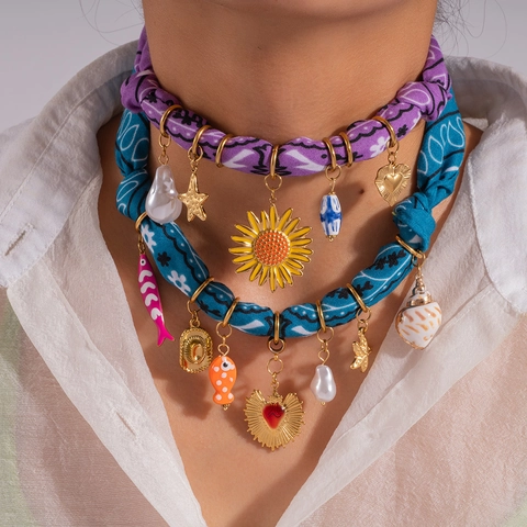 Bohemian Stainless Steel Scarf Necklace For Women With Colorful Paisley Fabric Conch Shell Fish Zirconia Pendant Jewelry