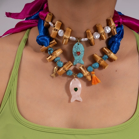 Bohemian Stainless Steel Fish Pendant Necklace For Women Beach Vacation Ethnic Beaded Satin Scarf Bamboo Joint Jewelry