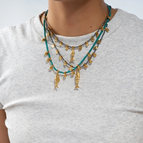 Boheemse Roestvrijstalen Vis Hanger Kralenketting Voor Vrouwen Natuursteen Marine Thema Zomer Strand Vakantie Sieraden