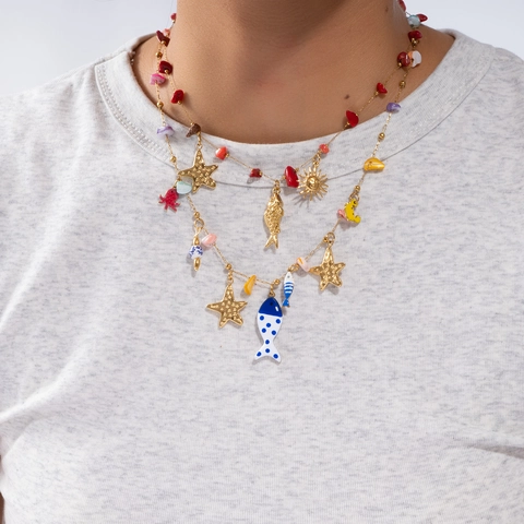 Beach Style Stainless Steel Natural Stone Marine Necklace For Women Gold Plated Starfish Fish Sun Charm Ocean Theme Jewelry