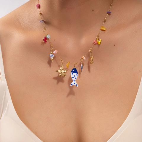 Beach Style Stainless Steel Natural Stone Marine Necklace For Women Gold Plated Starfish Fish Sun Charm Ocean Theme Jewelry