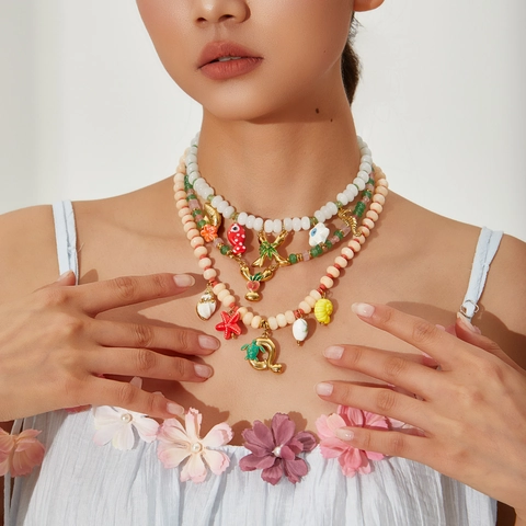Stainless Steel Ocean Style Beaded Necklace Colorful Letter Pendant Alphabet Necklace For Women Beach Vacation Jewelry