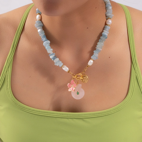 Collar de Cuentas de Acero Inoxidable Bohemio Perla Artificial Piedra Natural Ágata Aguamarina Collar con Colgante de Flor de Chile Joyería de Vacaciones para Mujer