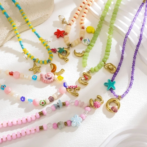 Stainless Steel Ocean Style Beaded Necklace Colorful Letter Pendant Alphabet Necklace For Women Beach Vacation Jewelry