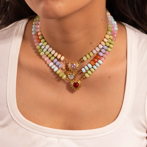 Dopamin Stil Edelstahl Herz Anhänger Halskette Für Damen Bunte Naturstein Perlenkette Mode Schmuck Geschenk