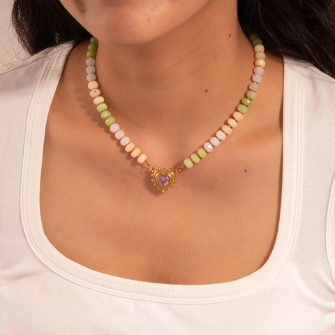 Dopamin Stil Edelstahl Herz Anhänger Halskette Für Damen Bunte Naturstein Perlenkette Mode Schmuck Geschenk