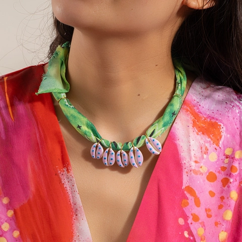 Bohemian Sjaal Halsketting Armband Set Titanium Staal Schelp Hanger Groen Satijn Stof Zomer Strand Sieraden Voor Dames