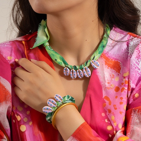 Bohemian Sjaal Halsketting Armband Set Titanium Staal Schelp Hanger Groen Satijn Stof Zomer Strand Sieraden Voor Dames