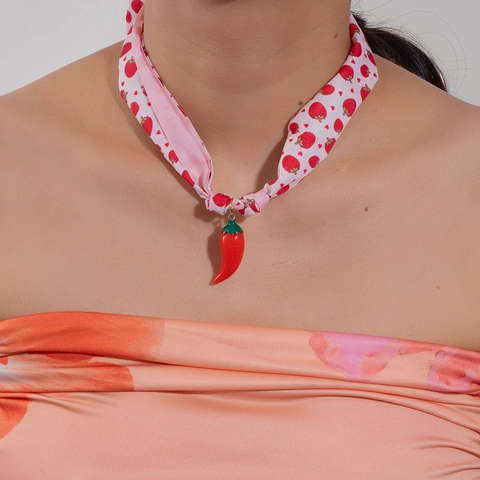 Titanium Steel Fruit Scarf Necklace For Women Colorful Lemon Kiwi Apple Chili Pendant Printed Polyester Fabric Ribbon Choker Beach Jewelry