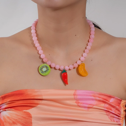 Titanium Stahl Rosa Perlenkette Mit Kiwi Chili Orange Frucht Anhängern Mode Dopamin Strand Schmuck Für Damen