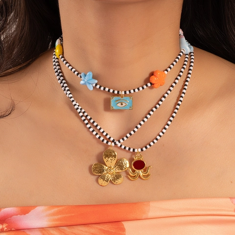 Boheemse Titaniumstaal Kleurrijke Keramische Kralen Octopus Bloem Boze Oog Hanger Halsketting Voor Dames Zomer Sieraden