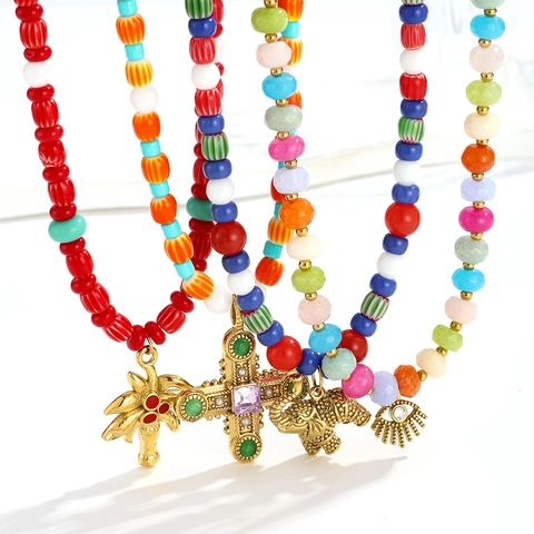 Bohemian Stainless Steel Beaded Necklace Multicolor Stones Artificial Pearl Elephant Cross Pendants Ethnic Vacation Jewelry