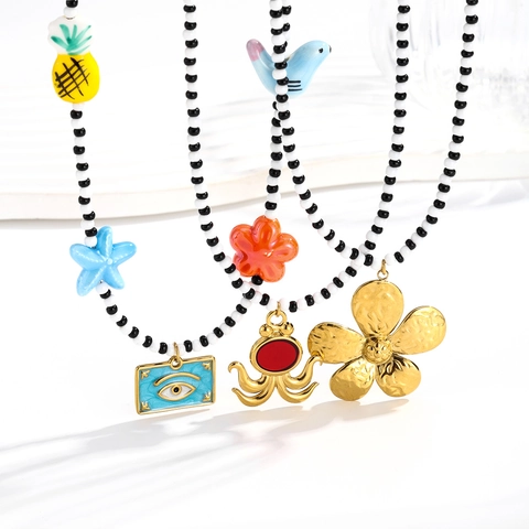 Boheemse Titaniumstaal Kleurrijke Keramische Kralen Octopus Bloem Boze Oog Hanger Halsketting Voor Dames Zomer Sieraden