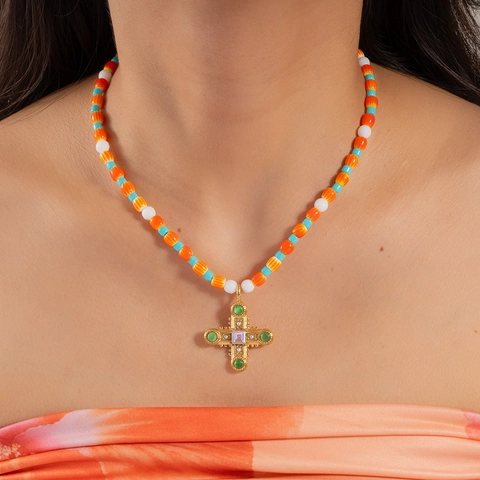 Bohemian Stainless Steel Beaded Necklace Multicolor Stones Artificial Pearl Elephant Cross Pendants Ethnic Vacation Jewelry