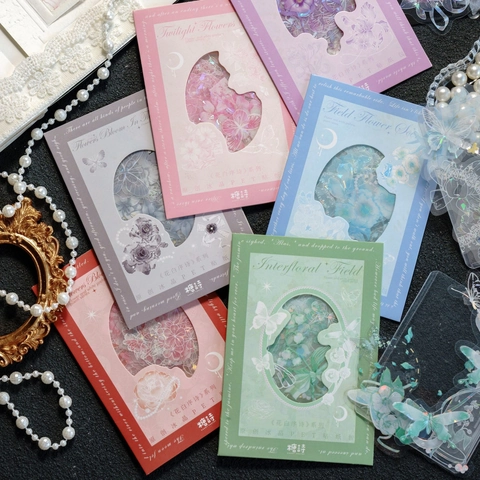 Confezione di Adesivi Vintage in PET a Forma di Fiore e Farfalla Trasparenti Laser Olografici per Journaling DIY Arti e Mestieri Decorazione