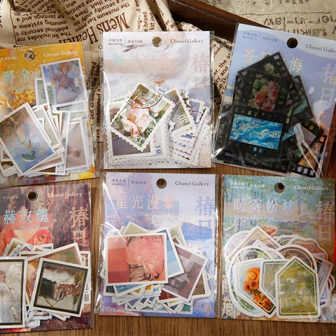 Vintage Oil Painting PET Coated Paper Stickers Set Artistic Landscape Floral Portrait Scrapbooking Decorative Decals