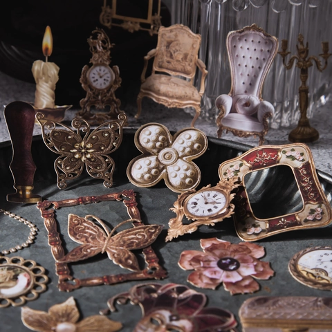 Vintage Hollow Scrapbooking Material Cards Retro Decorative Junk Journaling Supplies Butterfly Clock Key Frame Craft Paper