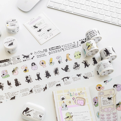 Nastro Washi con Gatto Nero Minimalista per Scrapbooking Nastro di Carta Decorativo Disegnato a Mano Fai Da Te Forniture Artigianali