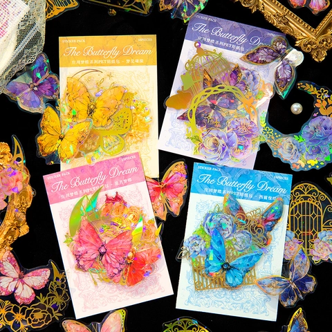 Vintage PET Butterfly Stickers Laser Holographic Gold Stamping Floral Decorative Decals For Scrapbooking Journaling Art