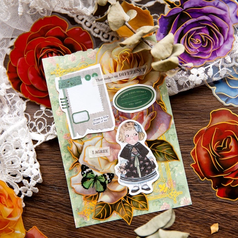 Pegatinas PET Serie Vintage Rose Ball Estampado en Oro Floral Bricolage Calcomanías Decorativas Para Diario Scrapbooking
