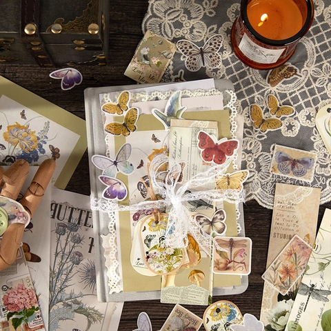 Kit Scrapbooking per Diario Vintage Carta a Fiori e Farfalle Washi Tape Pizzo Pacchetto Materiale per Fai da Te Arte