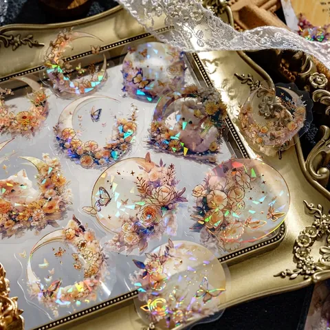 Vintage PET Holografische Aufkleber Boundless Moon White Serie Schmetterling Stern Mond Floral Scrapbooking Sticker Journaling Material